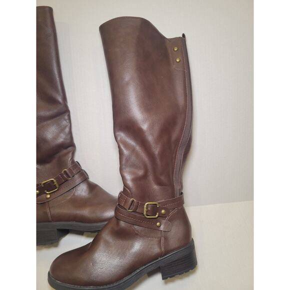 Women Size 9.5 Riding Combat Boots Low Heel Round Toe Zip Up Mid Calf Buckle - Picture 2 of 8